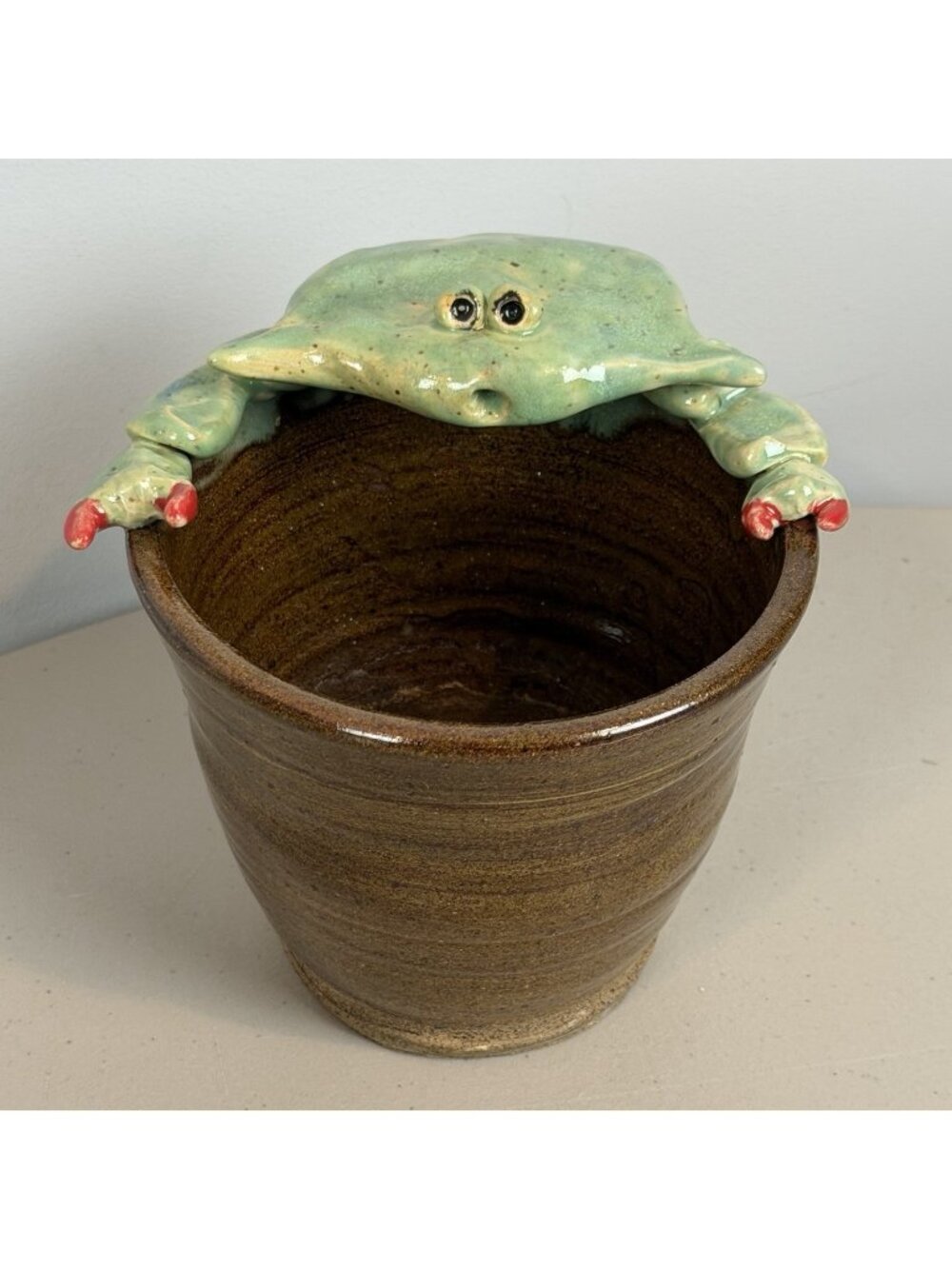 Pottery Crab Planter Coastal Folk Art Green Brown 5" by Robin Bird Smith